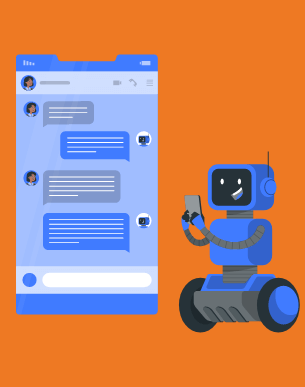 Chatbot com um celular na mão, falando com o cliente
